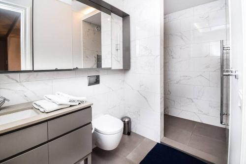 bagno con servizi igienici, lavandino e specchio di City Point Reykjavik - Luxury Apartments - Surtsey a Reykjavik