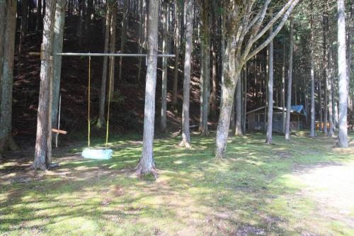 a swing in the middle of a forest with trees at 里山アウトドアフィールド・古民家コテージとろせ in Gujo