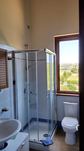 a bathroom with a shower and a toilet and a window at Agriturismo Terralieta in Roseto degli Abruzzi