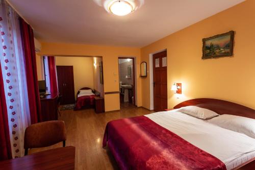 バイレ・ウヌ・マイにあるPensiunea Casa Porojanのベッドとバスルーム付きのホテルルームです。