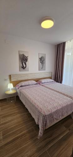 サロウにあるApartamentos Cataluña92のベッドルーム1室(ピンクのベッドカバー付きの大型ベッド1台付)