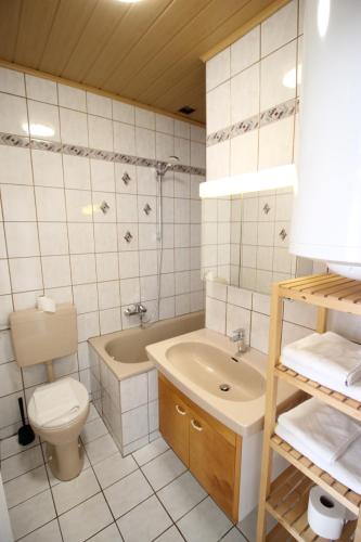 ein Badezimmer mit einem WC, einem Waschbecken und einer Badewanne in der Unterkunft Landgasthof Schmid - Unterkunft & Restaurant in Sitzenberg