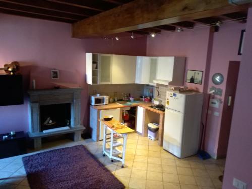 - une cuisine aux murs roses avec un réfrigérateur blanc dans l'établissement Vico Vacanze, à Ronciglione