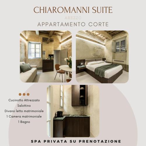 a collage of two pictures of a hotel room at CHIAROMANNI SUITE in Arezzo
