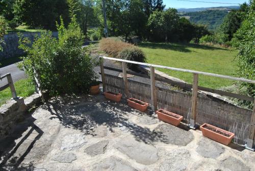 a fence with potted plants next to a field at Gîte de la Meille in Chamalières-sur-Loire