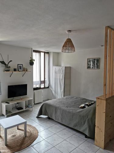 une chambre avec un lit, une télévision et une table dans l'établissement studio cosy plein coeur de ville, à Gap