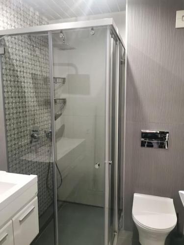 a bathroom with a shower and a toilet and a sink at Апартамент Светли in Vratsa