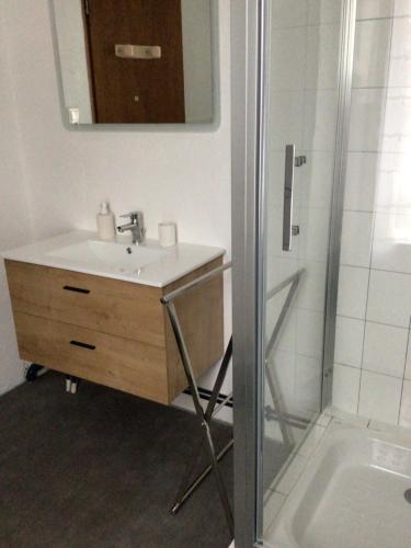W łazience znajduje się umywalka i prysznic. w obiekcie Appartement Les Iris w mieście Luz-Saint-Sauveur
