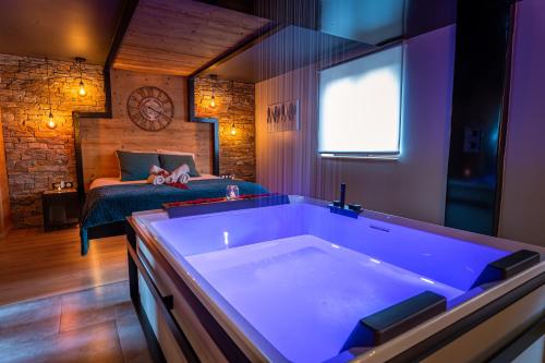 a large bath tub in a bedroom with a bed at Love industrie & spa in Bischoffsheim
