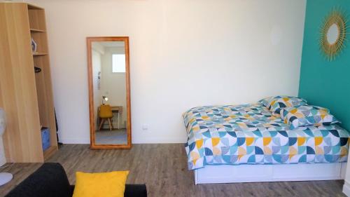 a bedroom with a bed and a mirror at Appartement La Rotonde in Montluçon