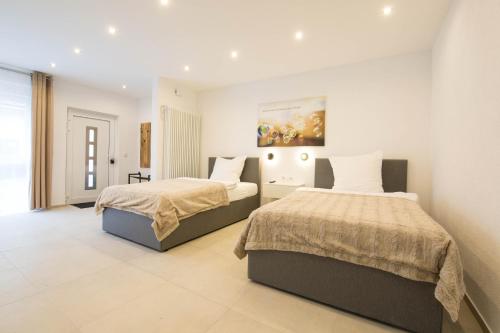 Un dormitorio con dos camas y un cuadro en la pared. en Luxury Saarbrücken 3, en Saarbrücken