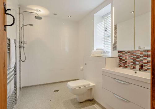 uma casa de banho branca com um WC e um lavatório em Orchard View em Gilwern