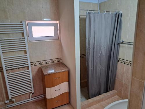 a bathroom with a shower and a toilet and a sink at Casa Bibi in 2 Mai