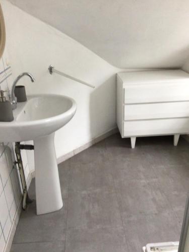 a white bathroom with a sink and a cabinet at Laporte in Luz-Saint-Sauveur