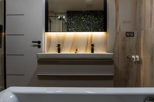 Designový apartmán v centru Liberce في ليبيريتس: حمام مع حوض ومرآة