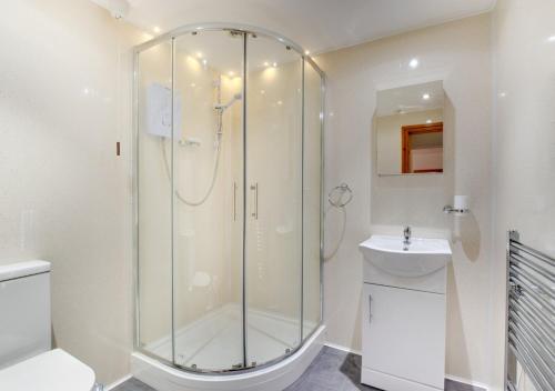 a bathroom with a shower and a toilet and a sink at Top Y Nant in Mold