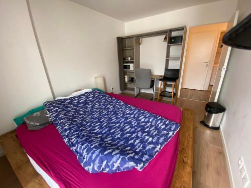 a bedroom with a bed with a blue and pink blanket at Super chambre avec salle de bain in Courcouronnes