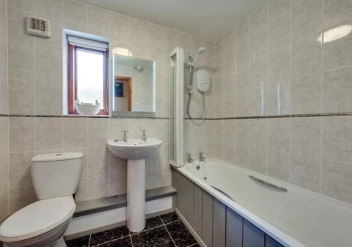 a bathroom with a toilet and a sink and a tub at Ysgubor y Berwyn in Llanarmon Dyffryn-Ceiriog