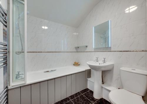a white bathroom with a sink and a toilet at Ystabl y Berwyn in Llanarmon Dyffryn-Ceiriog