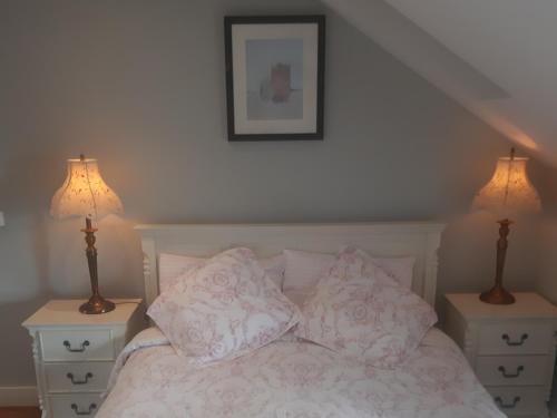 a bedroom with a bed with two nightstands and two lamps at Killossy Lodge in Naas