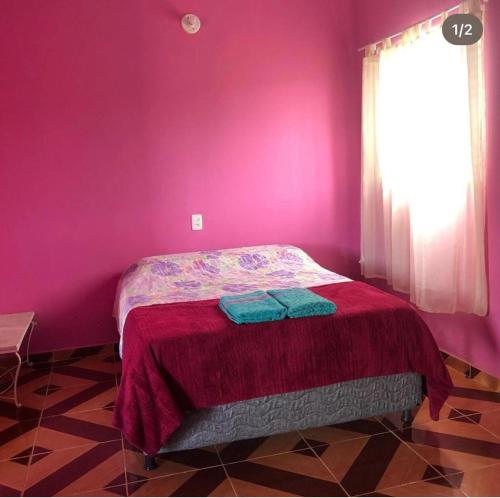 ein Schlafzimmer mit lila Wänden und ein Bett mit einer roten Decke in der Unterkunft Pousada Flor e Ser in Alto Paraíso de Goiás