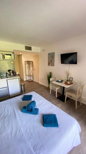 - une chambre avec un lit blanc et des serviettes bleues dans l'établissement Joli studio Camargue Petit Rhône Arles, à Arles