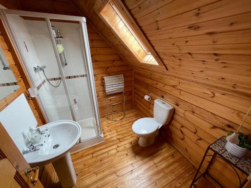 a bathroom with a white toilet and a sink at Luxury 3 bedroom, 3 bathroom lodge with hot tub in Llanbedr