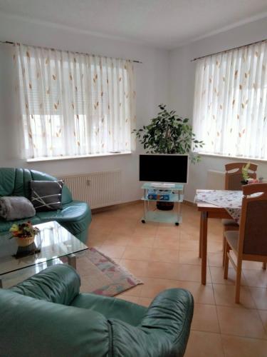 - un salon avec un canapé vert et une télévision dans l'établissement Haus Peter, à Eppendorf