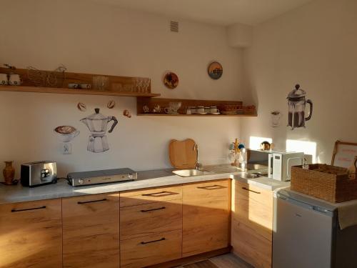 a kitchen with wooden cabinets and a white microwave at Krystyna in Bystre