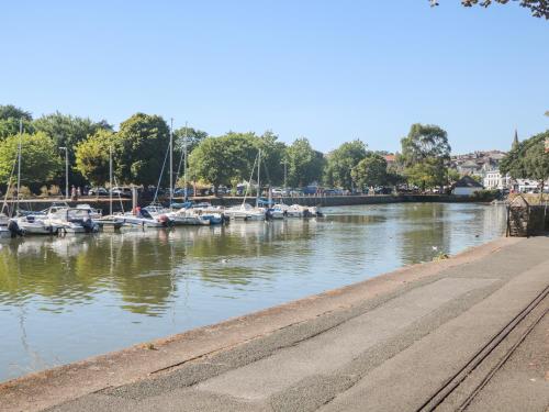 a river with boats docked in a marina at West Island in Kingsbridge