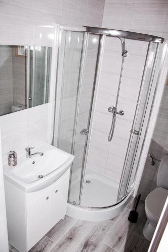 a white bathroom with a shower and a sink at Rumiankowa Polana in Sarbinowo