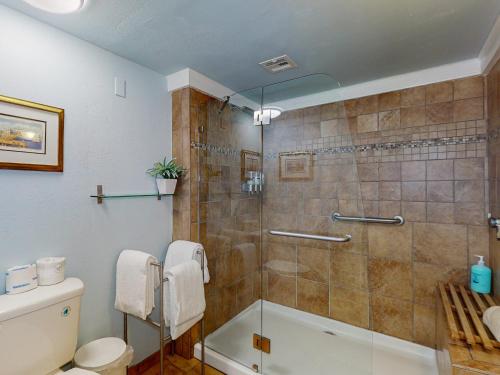 a bathroom with a shower and a toilet at MP217 Gulf view condo with Boardwalk to Beach in Padre Island
