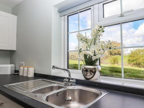 a kitchen sink with a vase of flowers on the counter at Orchard Retreat in Paddock Wood