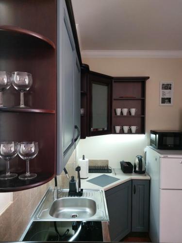 a kitchen with a sink and a white refrigerator at Apartament Radosna in Gdynia
