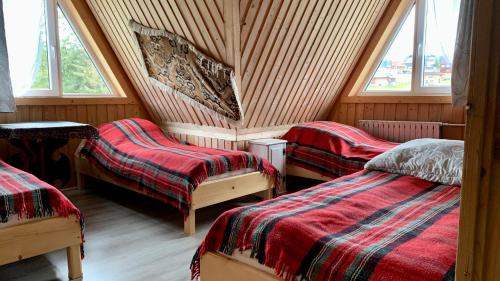 a room with three beds and two windows at Stary Bór in Murzasichle