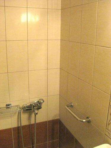 a bathroom with a shower with a glass door at Filoxenia Hotel in Ioannina