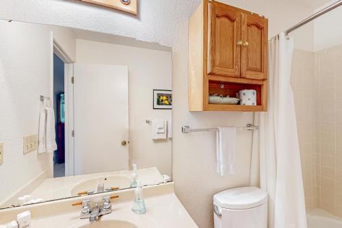 uma casa de banho com um lavatório, um WC e um espelho. em Haus on Hole Five em Groveland
