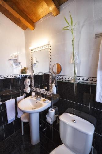 ein Badezimmer mit Waschbecken, Toilette und Spiegel in der Unterkunft Hotel La Ercina in Intriago
