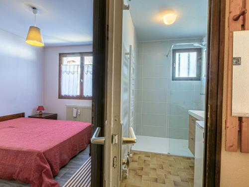une chambre avec un lit et une salle de bain avec douche dans l'établissement Appartement plein Sud avec garage à La Clusaz - FR-1-437-83, à La Clusaz