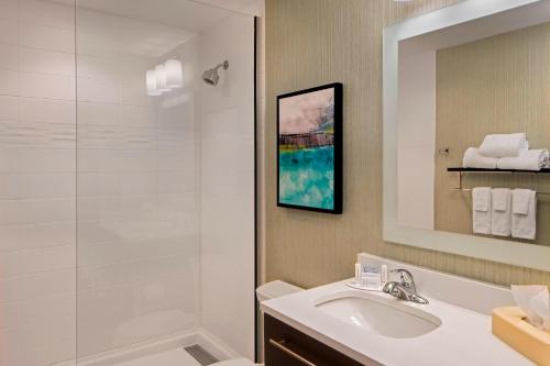 a bathroom with a sink and a shower at TownePlace Suites by Marriott Foley at OWA in Foley