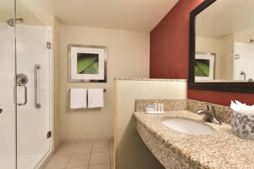 a bathroom with a sink and a mirror at Courtyard by Marriott Salisbury in Salisbury