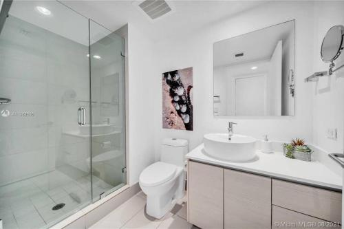 La salle de bains est pourvue de toilettes, d'un lavabo et d'une douche. dans l'établissement Miami Beach Studio Apmt 2 QB/1B, à Hallandale Beach