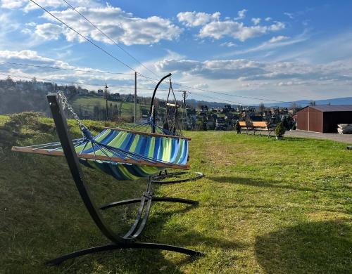 a swing sitting on the grass in a field at Pokoje u Hani - sauna, balia z hydromasażem in Bukowina Tatrzańska