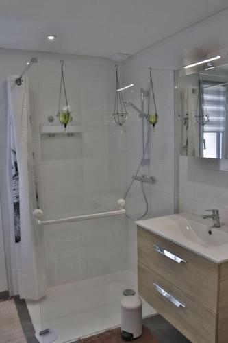 une salle de bain blanche avec une douche et un lavabo dans l'établissement Epiphytes et succulentes, à Paimpol