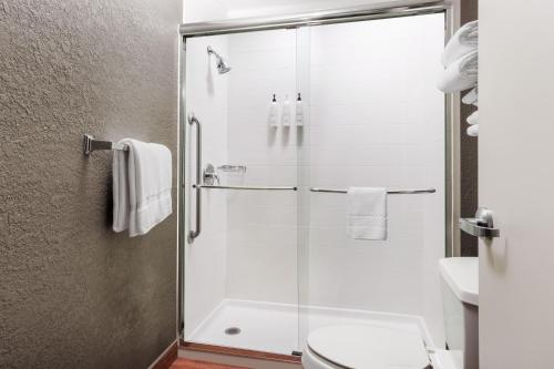 a bathroom with a glass shower with a toilet at SpringHill Suites Providence West Warwick in West Warwick