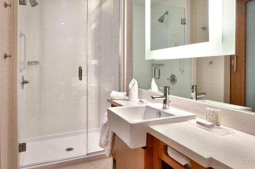 een witte badkamer met een wastafel en een douche bij SpringHill Suites by Marriott Houston I-45 North in Houston