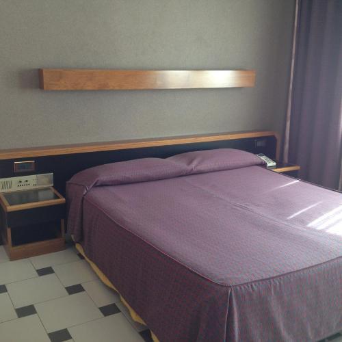 ein Schlafzimmer mit einem Bett mit einer lila Tagesdecke in der Unterkunft MINICUCCIO Hotel Ristorante VALLESACCARDA in Trevico