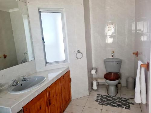 a bathroom with a sink and a toilet and a window at AveBulela Penthouse in Richards Bay