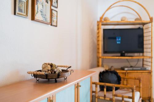 a living room with a tv and a table with a basket at Tianna House in Iraklitsa