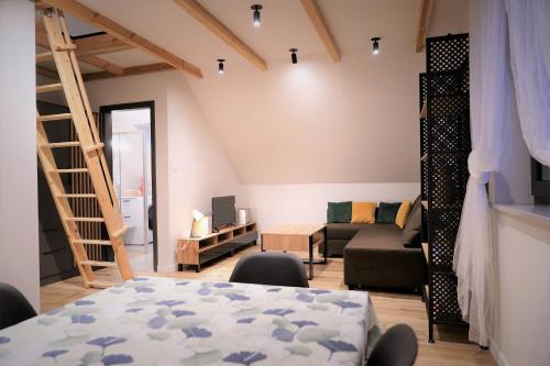 1 dormitorio con 1 cama y sala de estar en Siedlisko Czerniówka, 